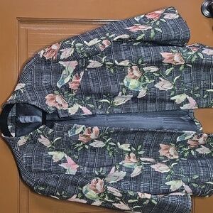 Chico's-Blk/white textured wool blend tweed jkt with pink flowers Sz L